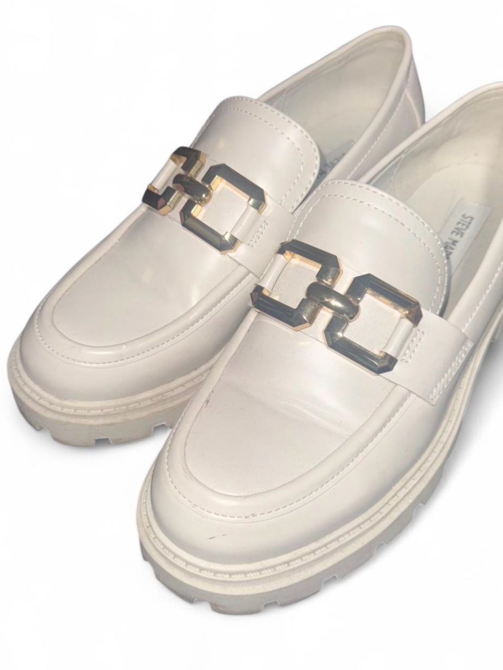 Steve Madden Cream Loafers with Gold-Tone Chain Accent